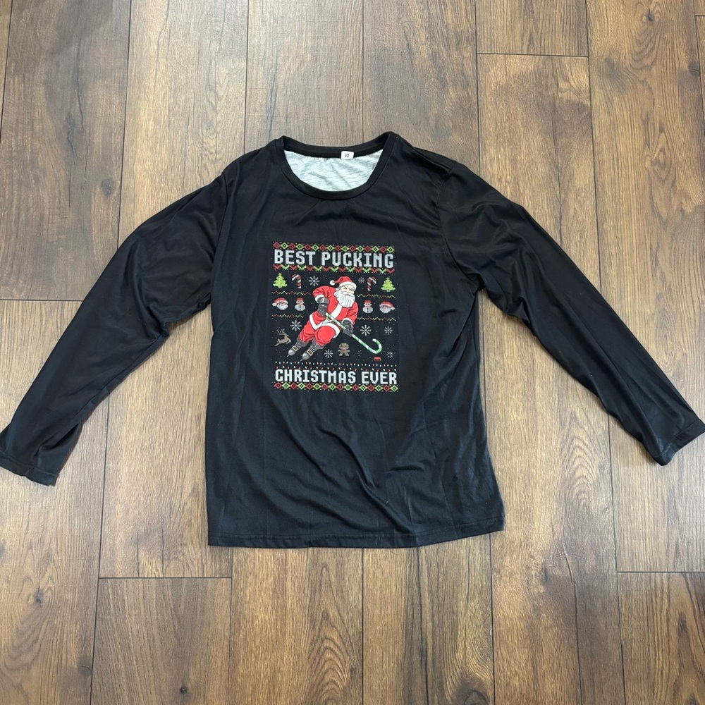Funny Hockey Holiday Christmas Long Sleeve Pajama Shirt, Size Medium
